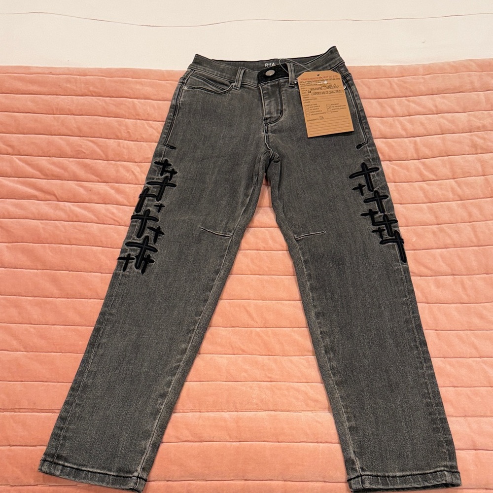 RtA Washed Black Straight-Leg Jeans with Embroidered Crosses